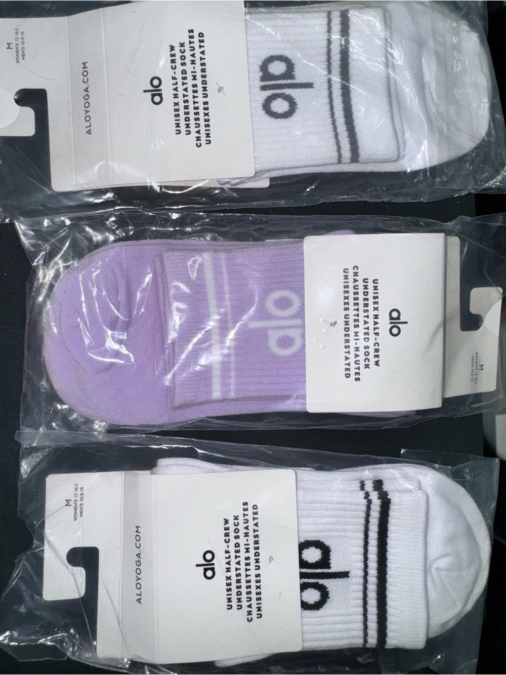 Alo Yoga Unisex Half Crew Socks 3 Pair Bundle White Gray White Purple Size M